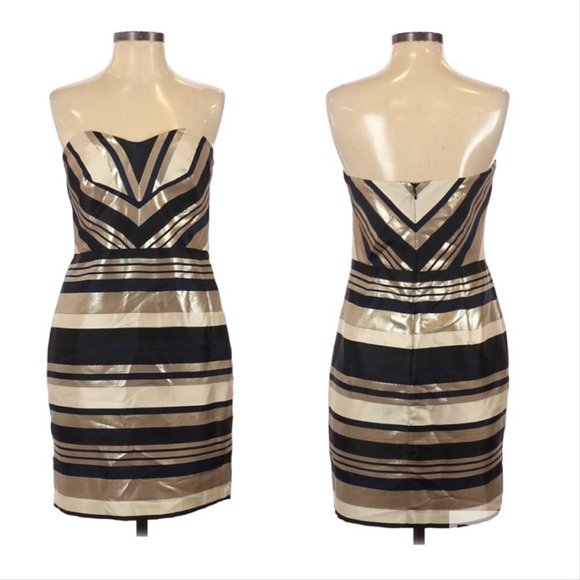 Ann Taylor Strapless Sweetheart-neck Gold Metallic Blue Cocktail Dress 4 - Picture 1 of 8